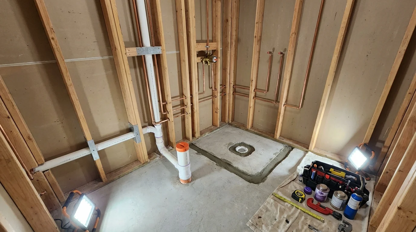 Bathroom rough-in plumbing during remodel by Johns Plumbing LLC in Lynnfield