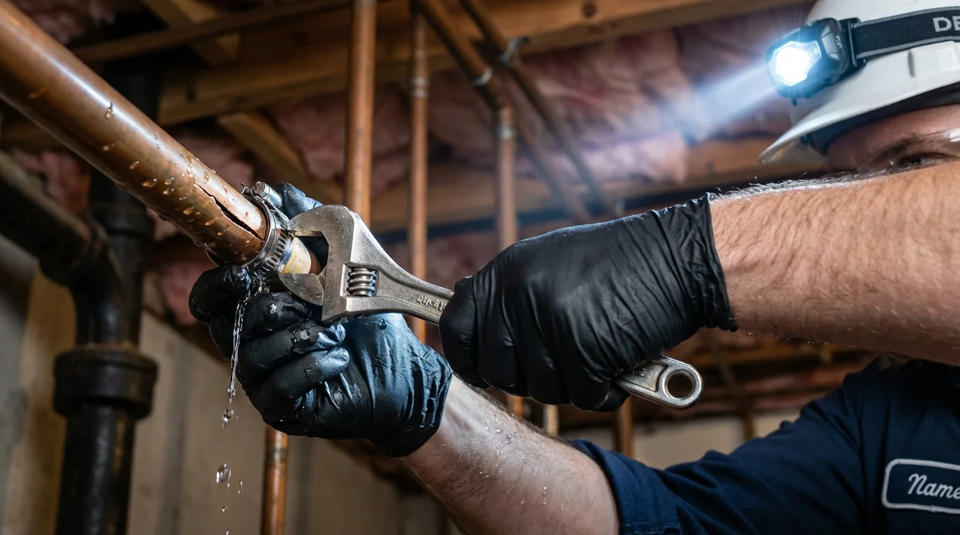 Emergency pipe clamp repair being performed by a Johns Plumbing LLC plumber in Lynnfield