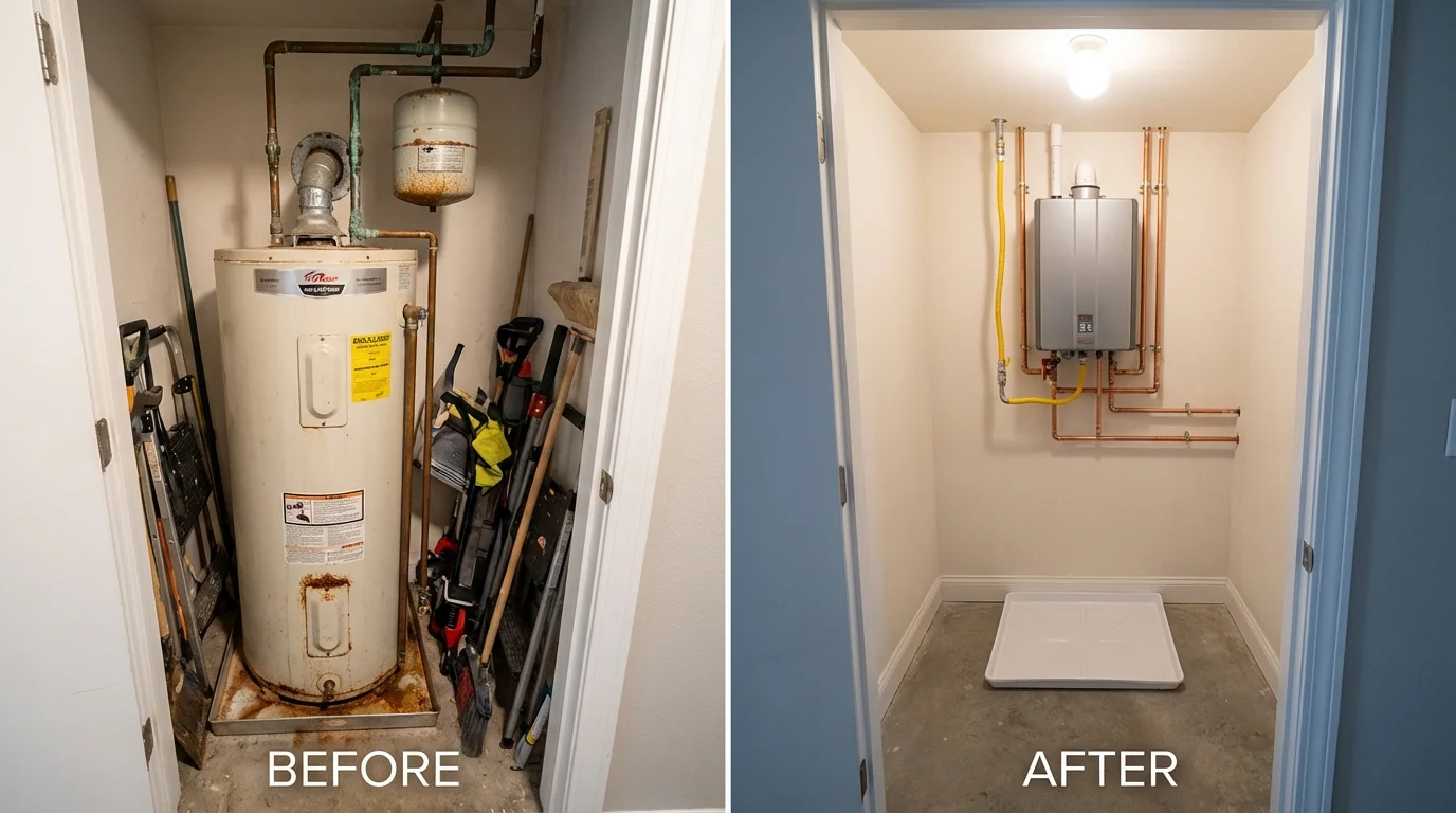 Tank water heater versus wall-mounted tankless unit comparison for Lynnfield, MA homeowners