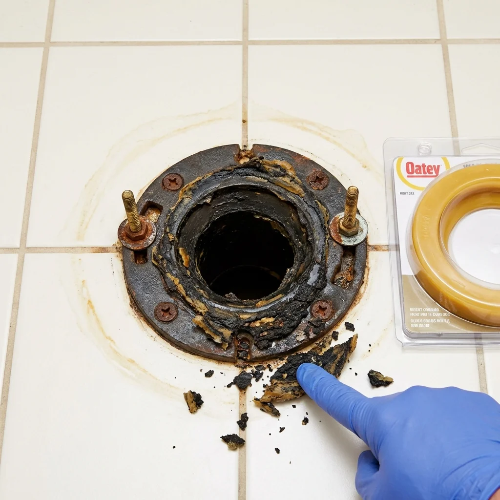 Failed wax ring showing water seepage at the base of a toilet in a Lynnfield, MA home