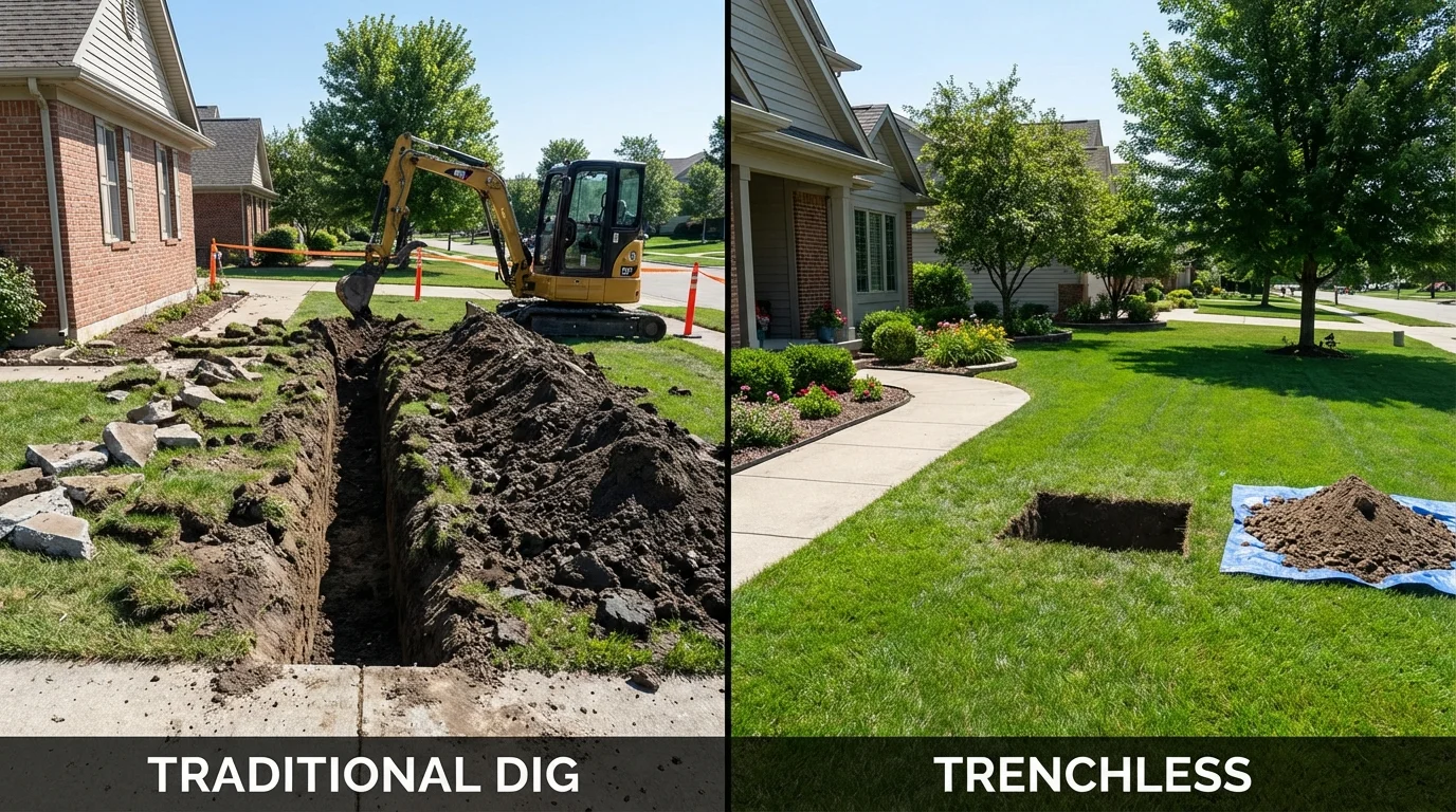 Trenchless sewer repair with minimal yard damage versus traditional excavation in Lynnfield, MA