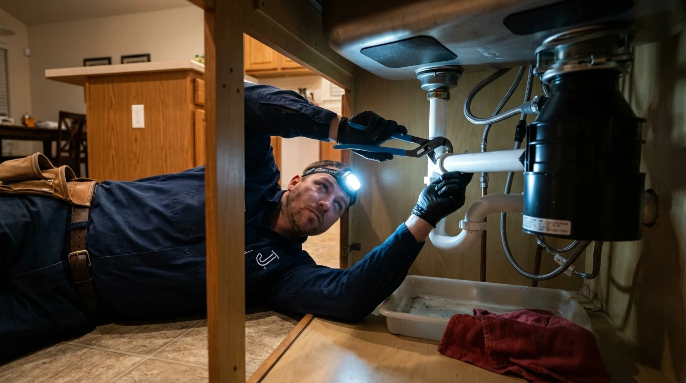 P-trap and supply line connections under a kitchen sink showing a common leak point in Lynnfield, MA
